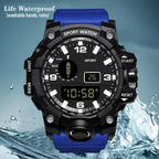 mens rugged digital sports watch waterproof shock resistant in blue shown with water splash emphasizing reliable daily water protection