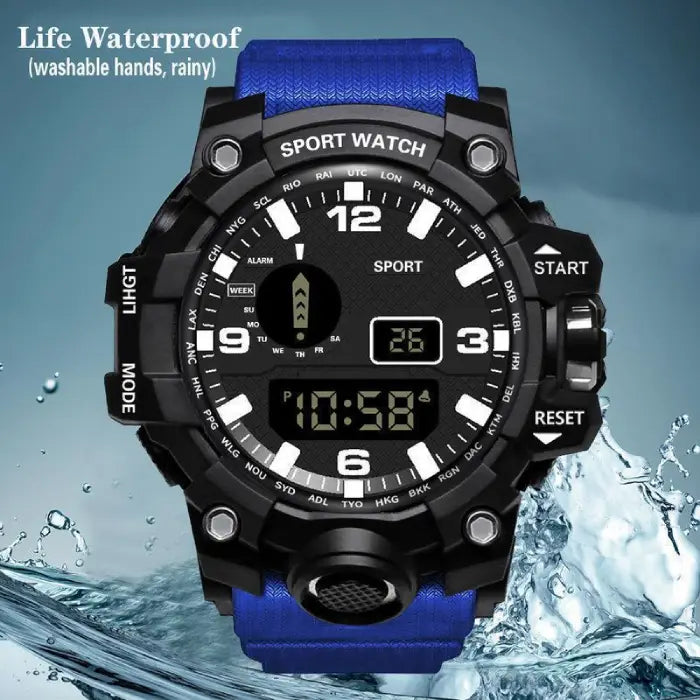 mens rugged digital sports watch waterproof shock resistant in blue shown with water splash emphasizing reliable daily water protection