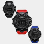 mens rugged digital sports watch waterproof shock resistant displayed in red blue and black tactical versions for outdoor gear shoppers