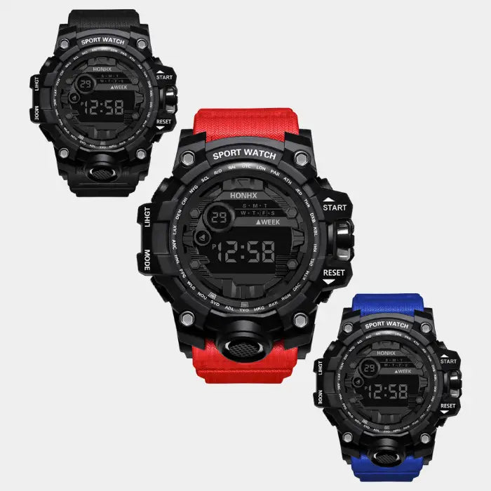 mens rugged digital sports watch waterproof shock resistant displayed in red blue and black tactical versions for outdoor gear shoppers