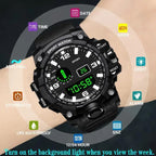 mens rugged digital sports watch waterproof shock resistant with icons showing alarm date week light and waterproof features for users