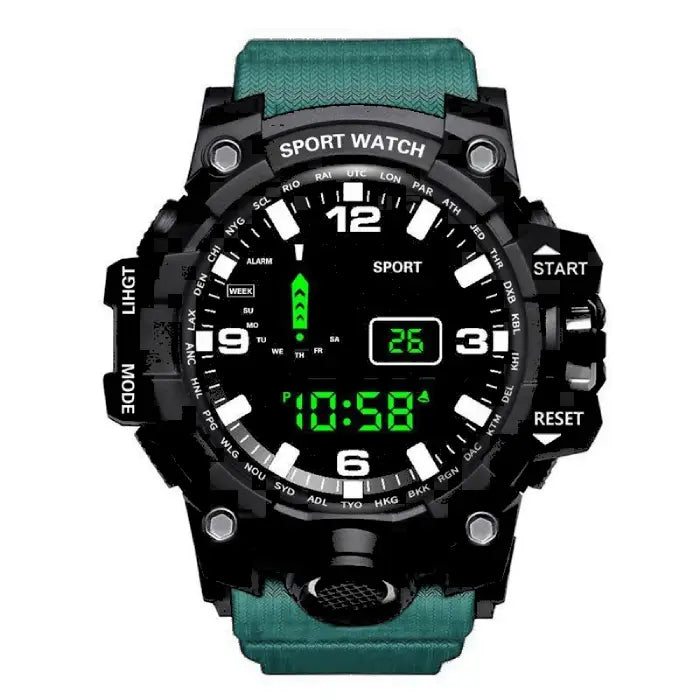mens rugged digital sports watch waterproof shock resistant with green strap and bright display for durable outdoor tactical use