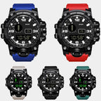 mens rugged digital sports watch waterproof shock resistant shown in blue red beige black and green options for versatile gear choice