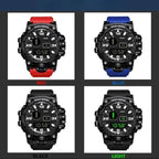 mens rugged digital sports watch waterproof shock resistant shown in red blue black and light variants for versatile outdoor gear choice