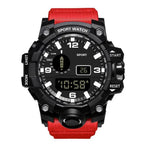 mens rugged digital sports watch waterproof shock resistant red strap version displayed clearly for bold outdoor active gear style