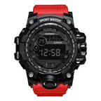 mens rugged digital sports watch waterproof shock resistant red strap model with tough build ideal for outdoor activities