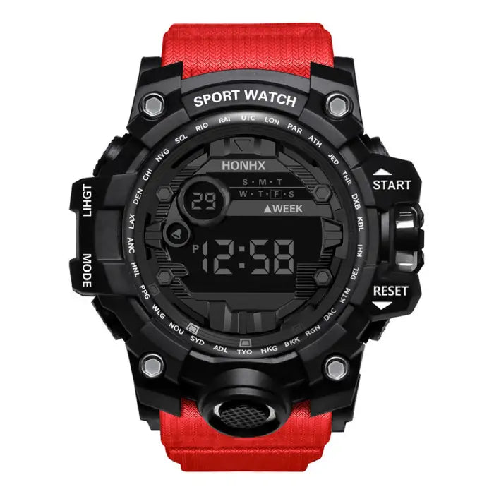 mens rugged digital sports watch waterproof shock resistant red strap model with tough build ideal for outdoor activities