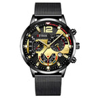  Men's watches black mesh strap with gold dial and multi-dial chronograph face in close view