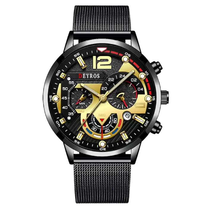  Men's watches black mesh strap with gold dial and multi-dial chronograph face in close view