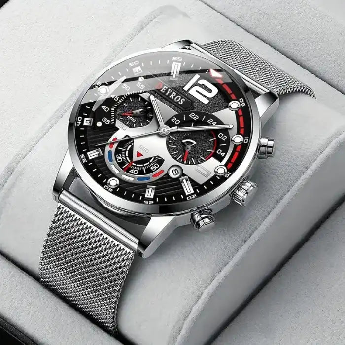  Men's watches silver chronograph on soft display pillow with detailed dial design