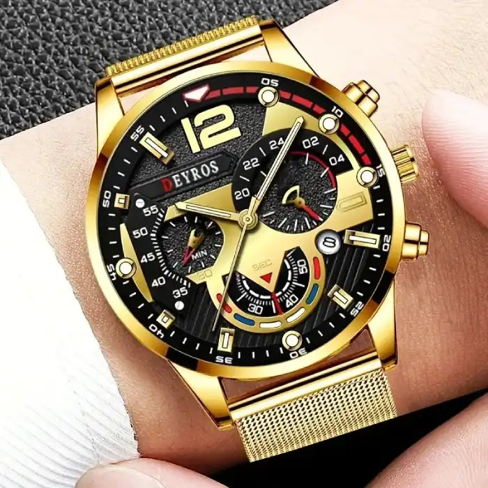 Men's watches elegant gold chronograph on wrist with black dial and mesh strap