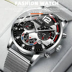 Men's watches silver mesh band timepiece in box with luxury fashion styling and bold dial