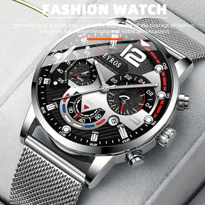 Men's watches silver mesh band timepiece in box with luxury fashion styling and bold dial