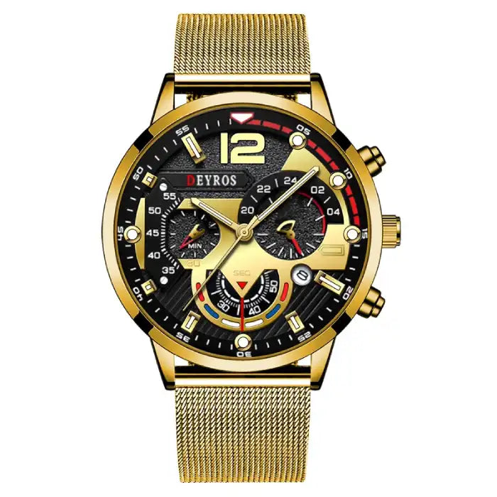  Men's watches full gold model with mesh strap and chronograph dial in luxury gold finish