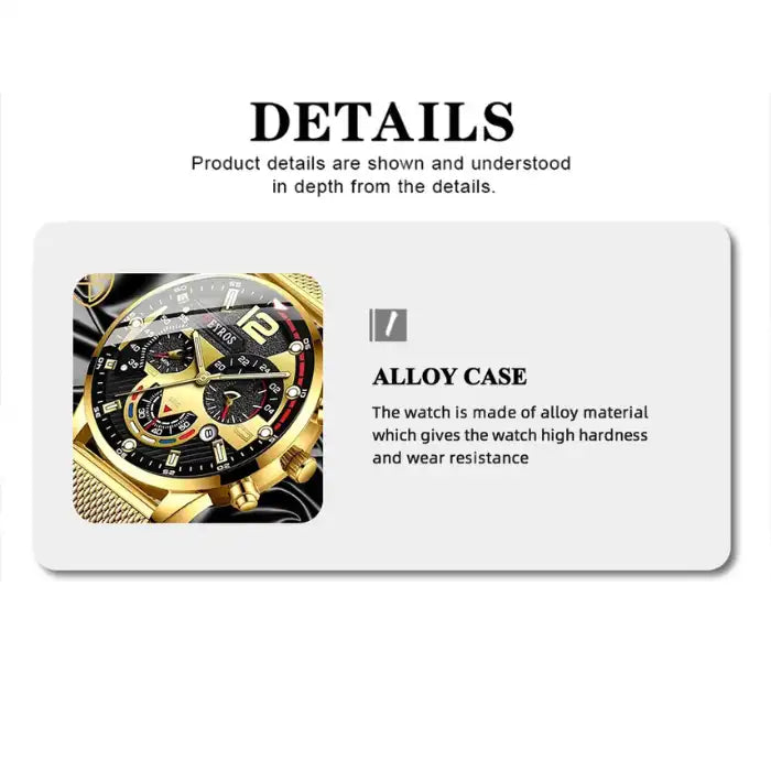 Men's watches gold alloy case with black textured dial and mesh band showing durable construction