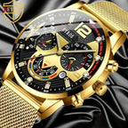 Men's watches gold chronograph with multi-dial display and mesh band on satin background