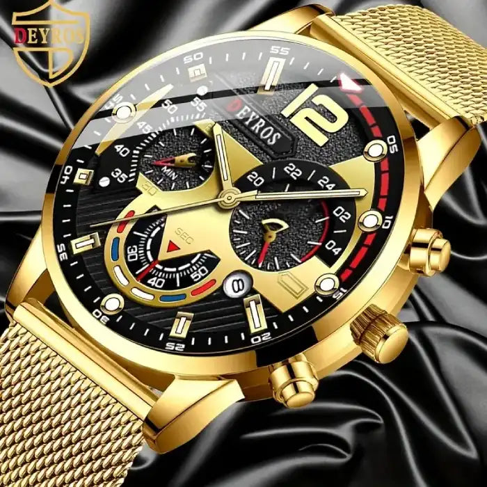Men's watches gold chronograph with multi-dial display and mesh band on satin background