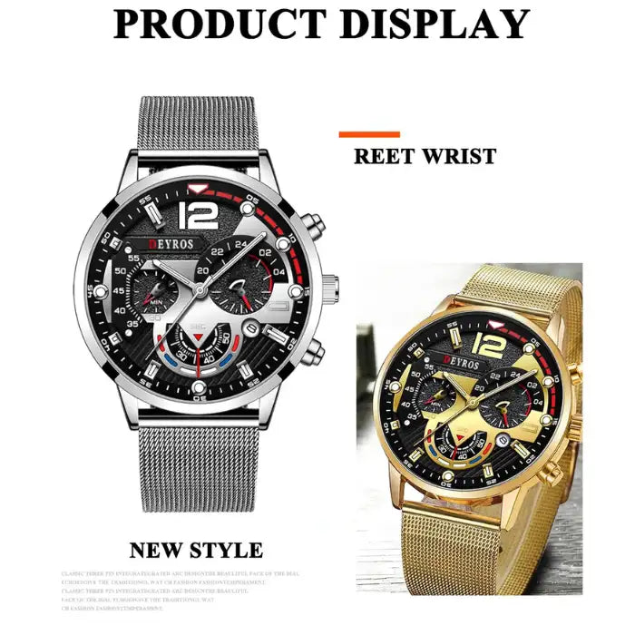 Men's watches new style display showing silver and gold color variants with chronograph design