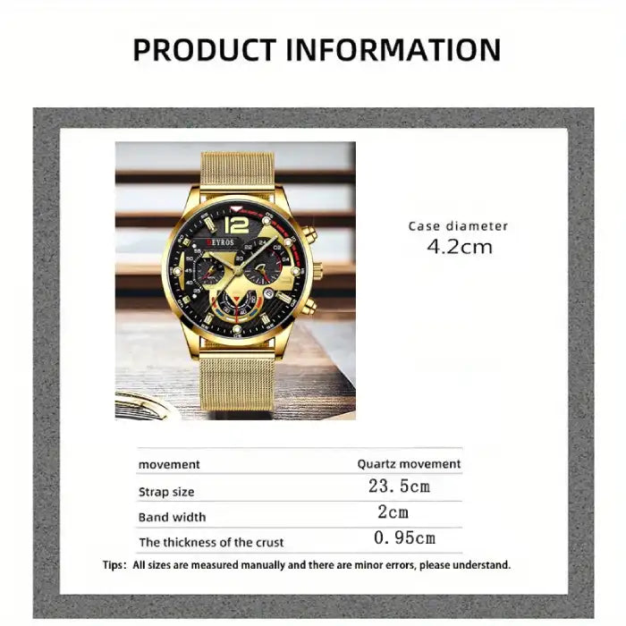Men's watches gold case product info chart with size and features shown clearly