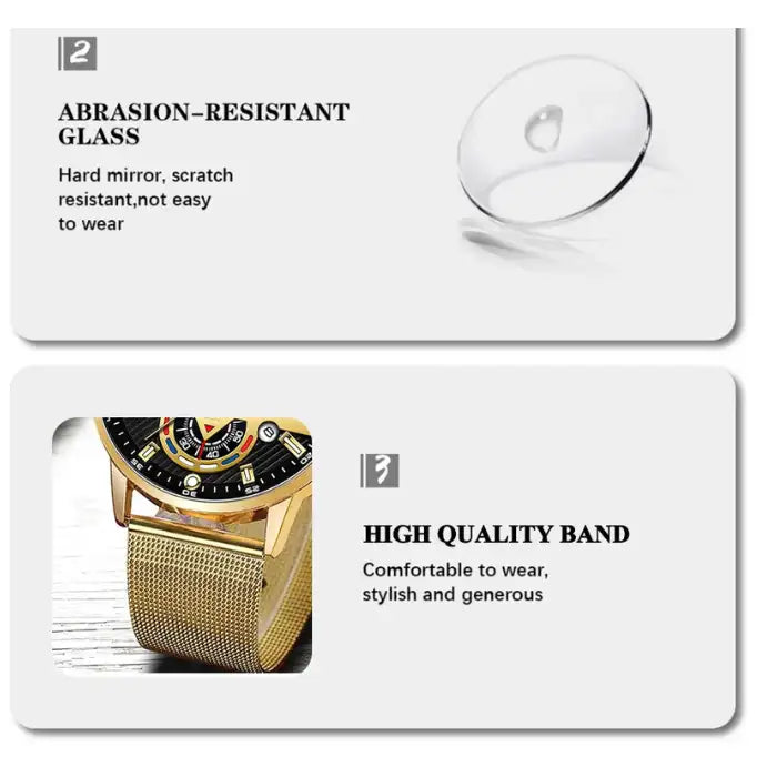  Men's watches scratch-resistant glass and durable mesh band shown with functional close-up details