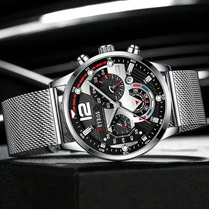 Men's watches silver stainless steel case with mesh strap and bold sporty dial