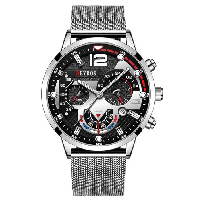  Men's watches silver mesh strap and bold chronograph dial with red-black details in front view