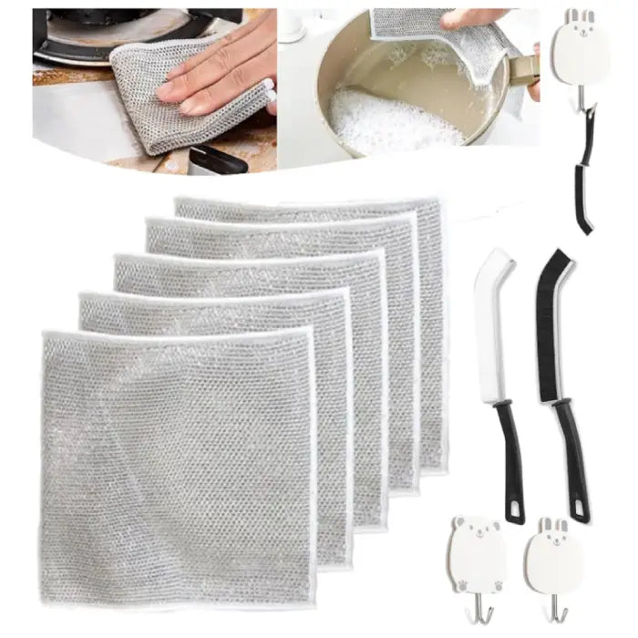 set of mesh dish cloths with cleaning brushes and wall hooks, perfect for versatile and organized kitchen cleaning.