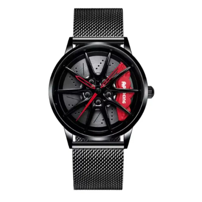 Black watch with car wheel-inspired dial, red accents, and sporty design elements on a fine mesh metal strap white background