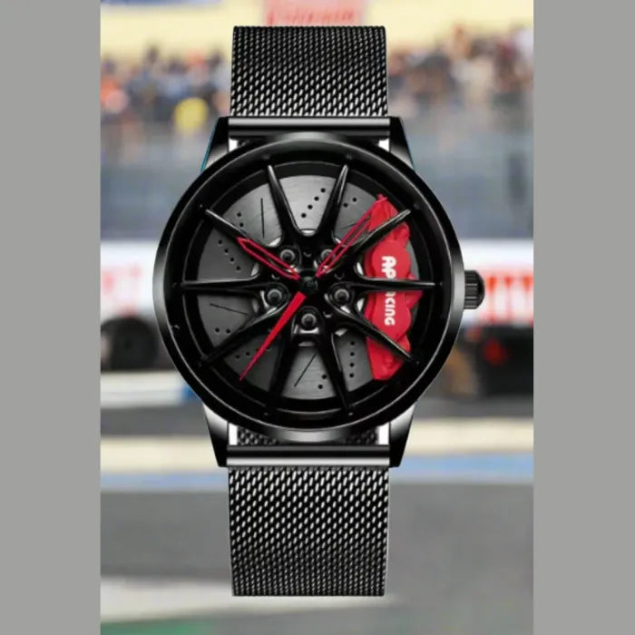 Black watch with car wheel-inspired dial, red accents, and sporty design elements on a fine mesh metal strap