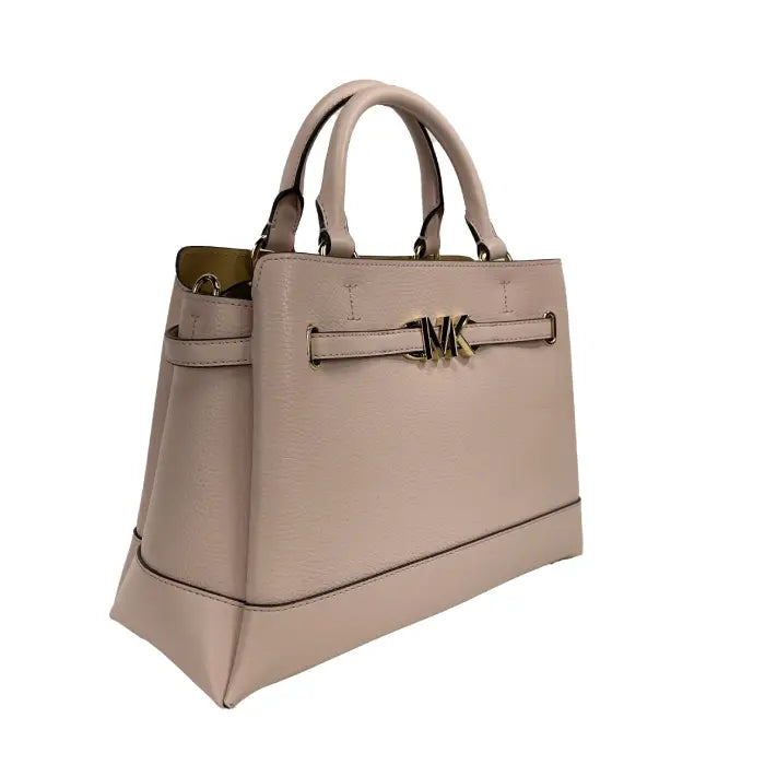 Michael Kors beige leather handbag with gold MK logo and elegant design for stylish women's fashion.