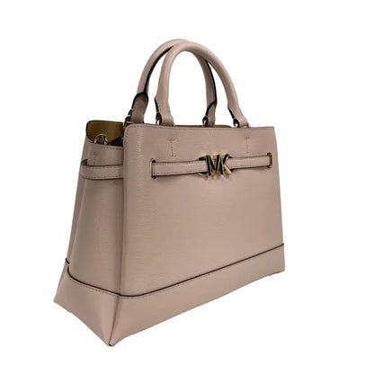 Michael Kors beige leather handbag with gold MK logo and elegant design for stylish women's fashion.