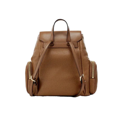 Back view of Michael Kors brown leather backpack with adjustable straps and sleek design.