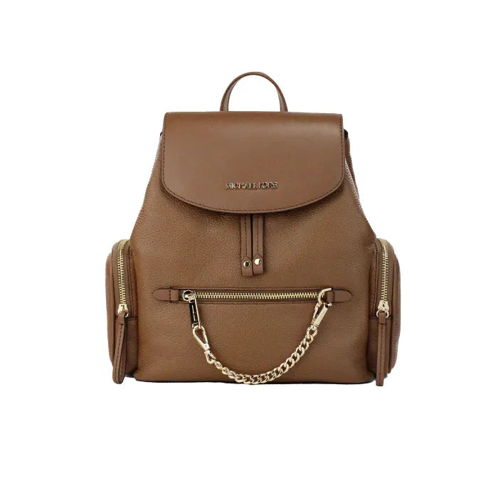 Michael Kors brown leather backpack with gold chain and logo, featuring front zip pockets.