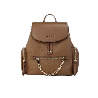 Michael Kors brown leather backpack with gold chain and logo, featuring front zip pockets.