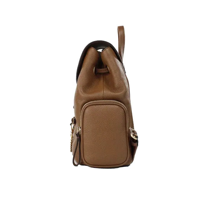 Side view of Michael Kors brown leather backpack showcasing side zip pocket and pebbled texture.