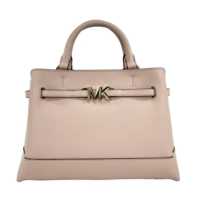 Front view of Michael Kors classic beige handbag with gold MK logo and premium leather design.