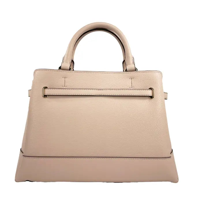 Rear view of Michael Kors beige handbag with pebbled leather and gold accents, perfect for fashion enthusiasts.