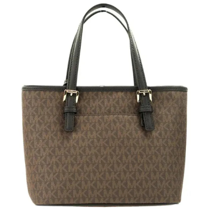 Brown Michael Kors tote bag with signature monogram print, black leather trim, and gold hardware accents