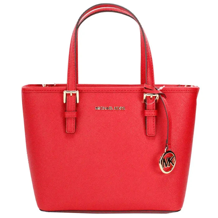 Classic Michael Kors red leather tote featuring signature gold logo hardware and adjustable leather straps for versatile styling