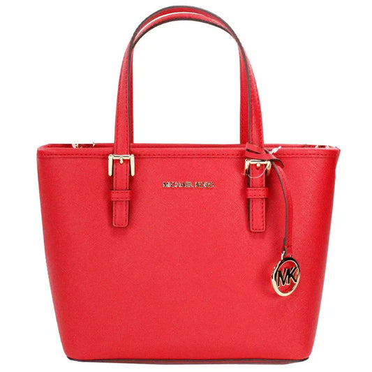 Classic Michael Kors red leather tote featuring signature gold logo hardware and adjustable leather straps for versatile styling