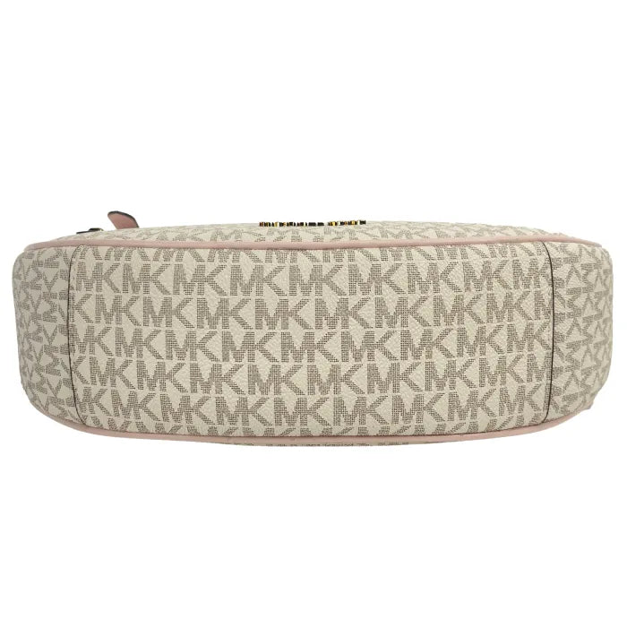 Bottom view of Michael Kors hobo showing structured base with all-over MK monogram print and pink trim