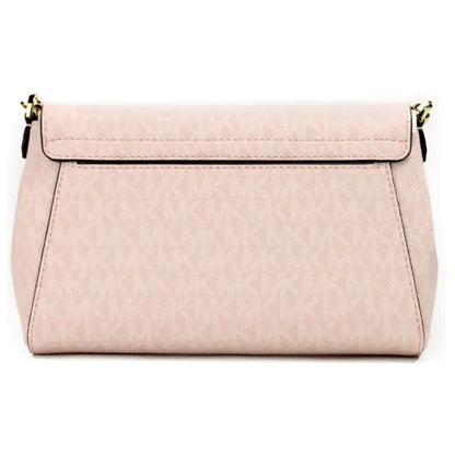 Back view of Michael Kors pink crossbody bag, highlighting sleek design and subtle pattern.