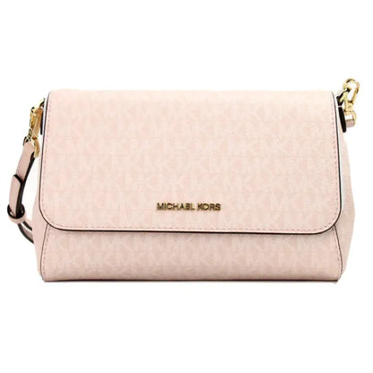 Michael Kors pink crossbody bag with gold logo, showcasing elegant design and premium craftsmanship.