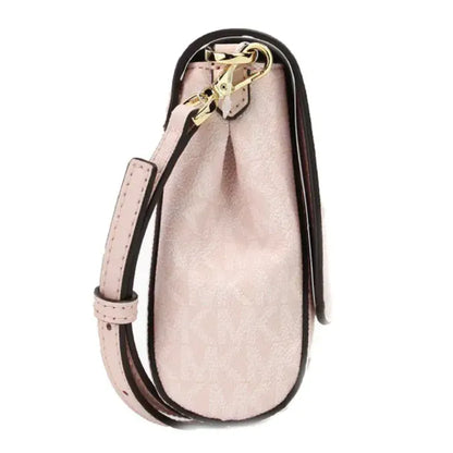 Side view of Michael Kors pink crossbody bag, featuring adjustable strap and gold hardware.