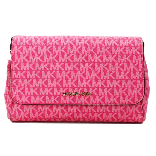 Michael Kors pink logo crossbody bag with flap closure, featuring vibrant MK pattern and gold-tone hardware.