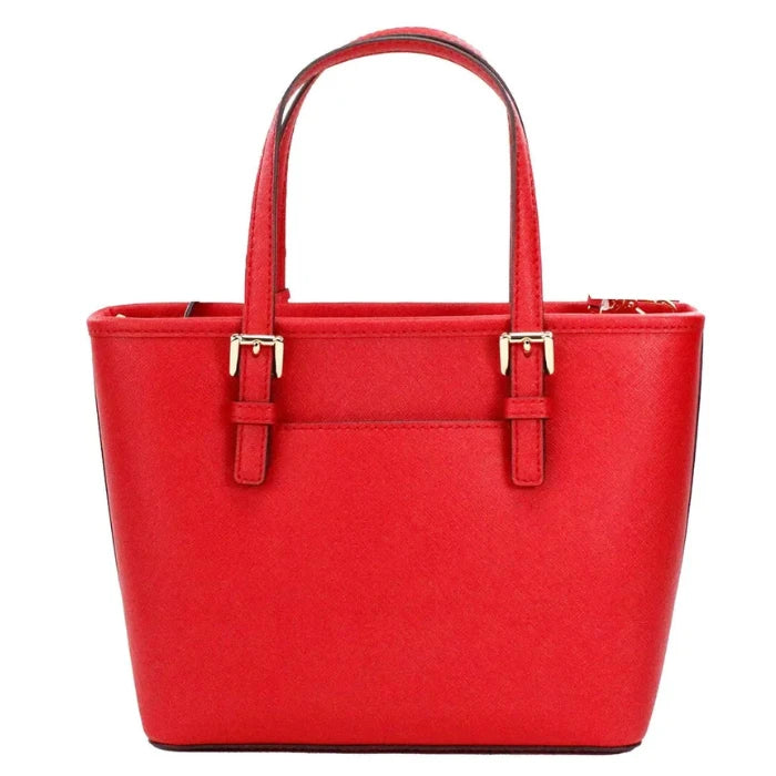 Designer red saffiano leather tote handbag featuring gold buckle details and structured design for everyday luxury accessories