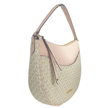 Side angle of Michael Kors hobo displaying shoulder strap and curved silhouette with monogram print