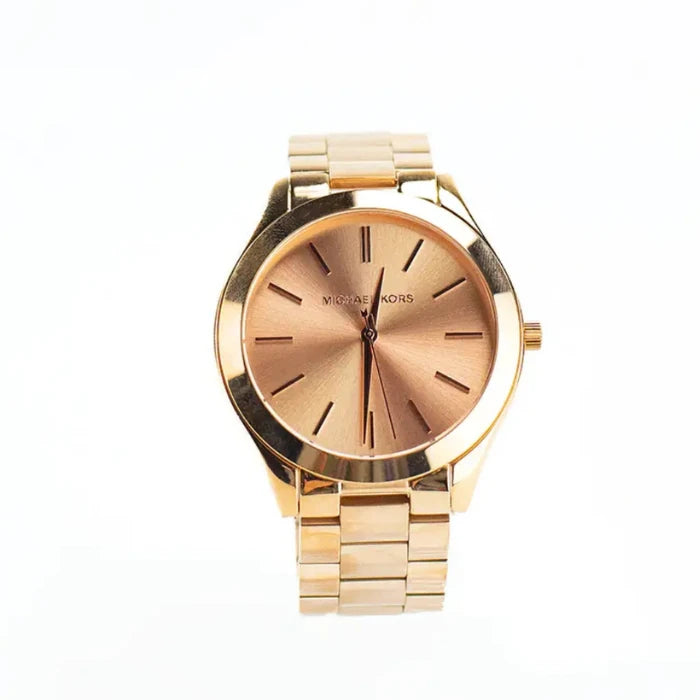 Front view of Michael Kors rose gold watch featuring minimalist dial and metallic bracelet band