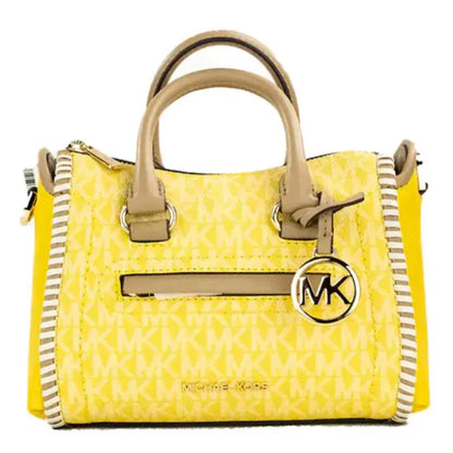 Michael Kors yellow logo tote with beige handles, featuring iconic MK pattern and front pocket.