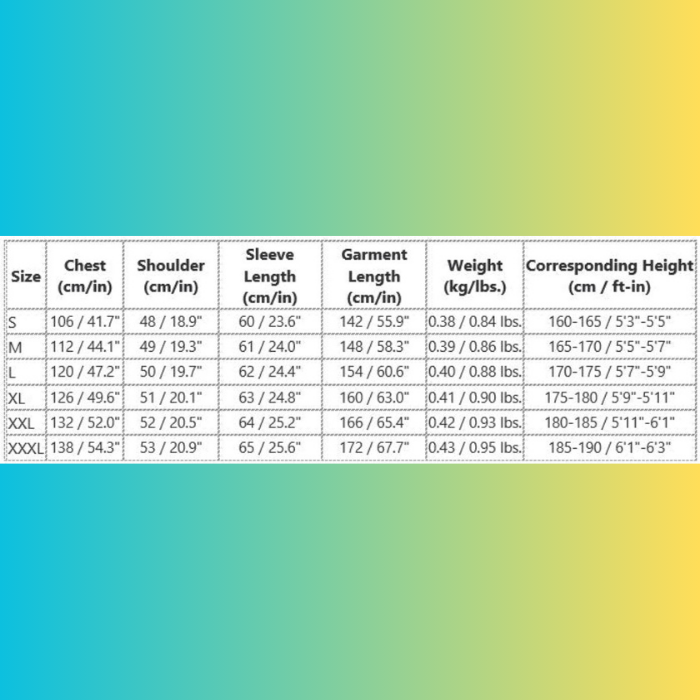 Michael Myers Halloween mask costume size chart in cm, inches, weight, and height for perfect fit.